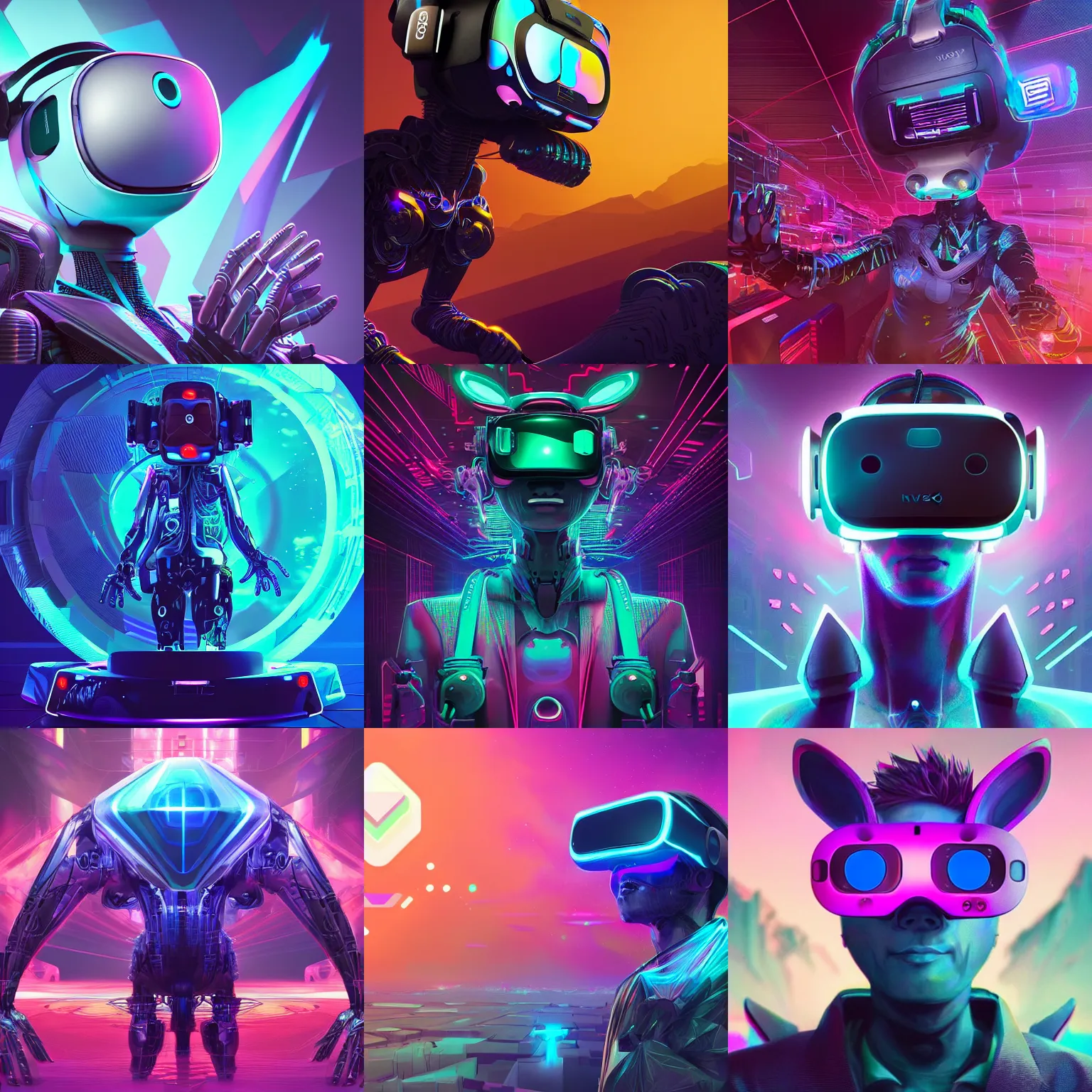 Prompt: neosvr!!! virtual reality metaverse engine, unity render, trending on artstation, by android jones, by beeple!!!, furry, anime, robot, cyberpunk, synthwave, darksynth