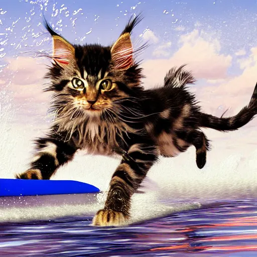 Prompt: Anthromorphic Maine coon kitten is a Water skiing champion, action shot. At south beach FL. 3D render, by Lenoid afremov