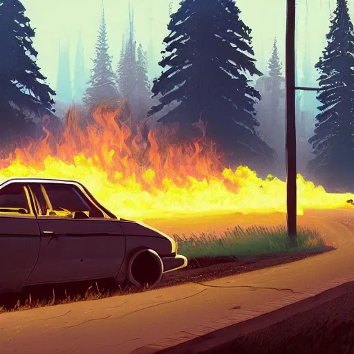 Image similar to the burnt frame of a car on fire on the side of the road in wither, by simon stalenhag