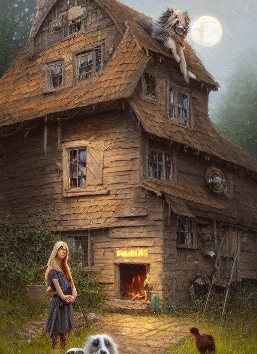 Image similar to highly detailed hyperrealistic painting of a blonde long - haired hillbilly in front of old rough house, with his fluffy black and gray australian shepherd, bonfire, stephen bliss, art by greg rutkowski, loish, rhads, ferdinand knab, makoto shinkai and lois van baarle, tom bagshaw, global illumination, artstation