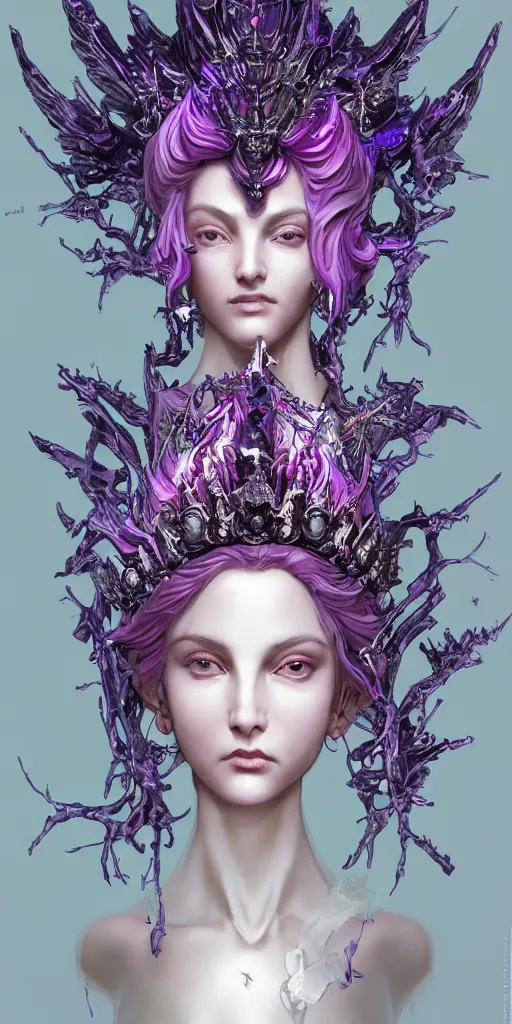 Image similar to female angel queen head wearing shiny pink crown, subtle purple accents, hyper details, black metal rococo, sculpted by Alex Alice, Craig Mullins, yoji shinkawa, trending on artstation, beautifully lit, Peter mohrbacher, hyper detailed, elite, elegant, luxury, ray of light through smoke, CGsociety, hypermaximalist, golden ratio, neofuture, volumetric, octane render, weta digital, micro details, 3d sculpture