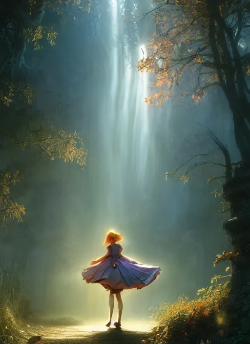 Image similar to Alice falling down the rabbithole to wonderland, mist, sunrays, dust in the air, DnD character, unreal engine, octane render, dramatic lighting, pond, digital art, by Stanley Artgerm Lau, greg rutkowski, thomas kindkade, alphonse mucha, loish, norman Rockwell,