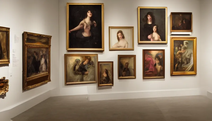 Prompt: a gallery full of portrait paintings of seductive women, walls full of art, museum