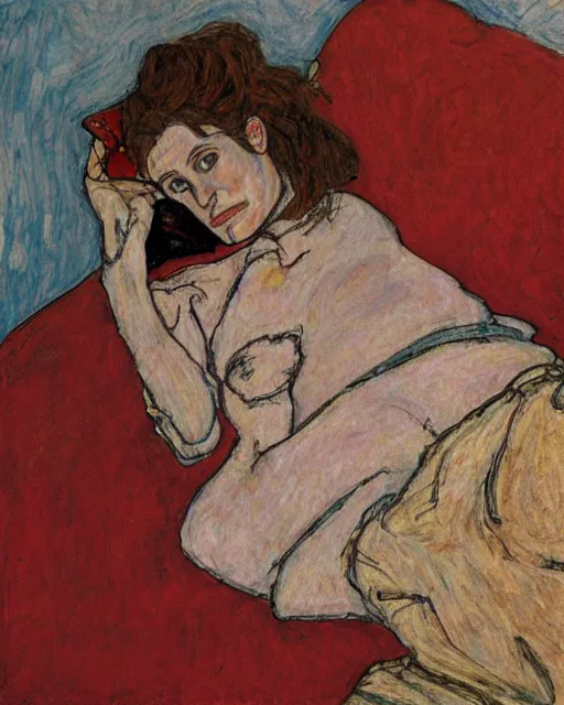 Image similar to portrait of julia roberts on the sofa reading a book, in the style of Egon Schiele