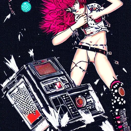 Prompt: punk girl destroying a crt tv with a spiked baseball by ayami kojima