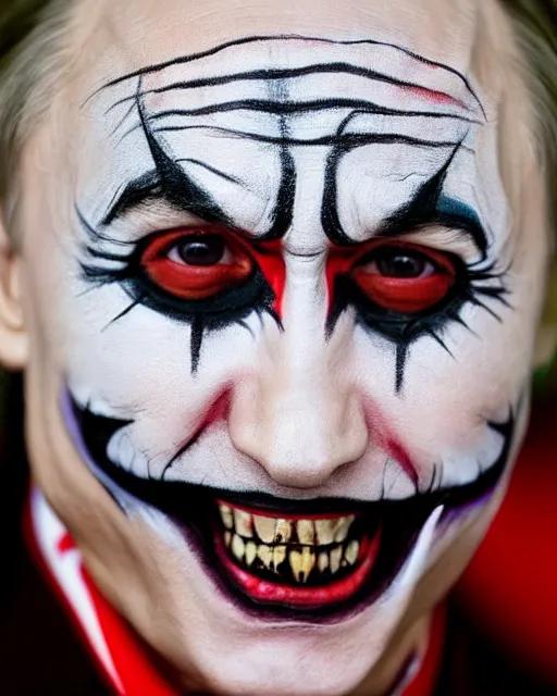 Prompt: a portrait photograph of Vladimir Putin wearing Jared Leto Joker face paint, DSLR photography