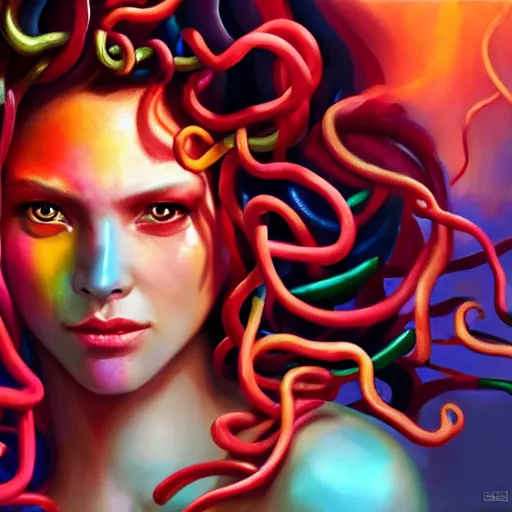 Image similar to medusa portrait painting, vibrtant, colorful, wicked smile, artstation, detailed, blurred background