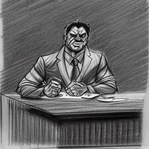 Image similar to hulk at the witness stand in court. pencil court sketch. intricate. highly professionally detailed.