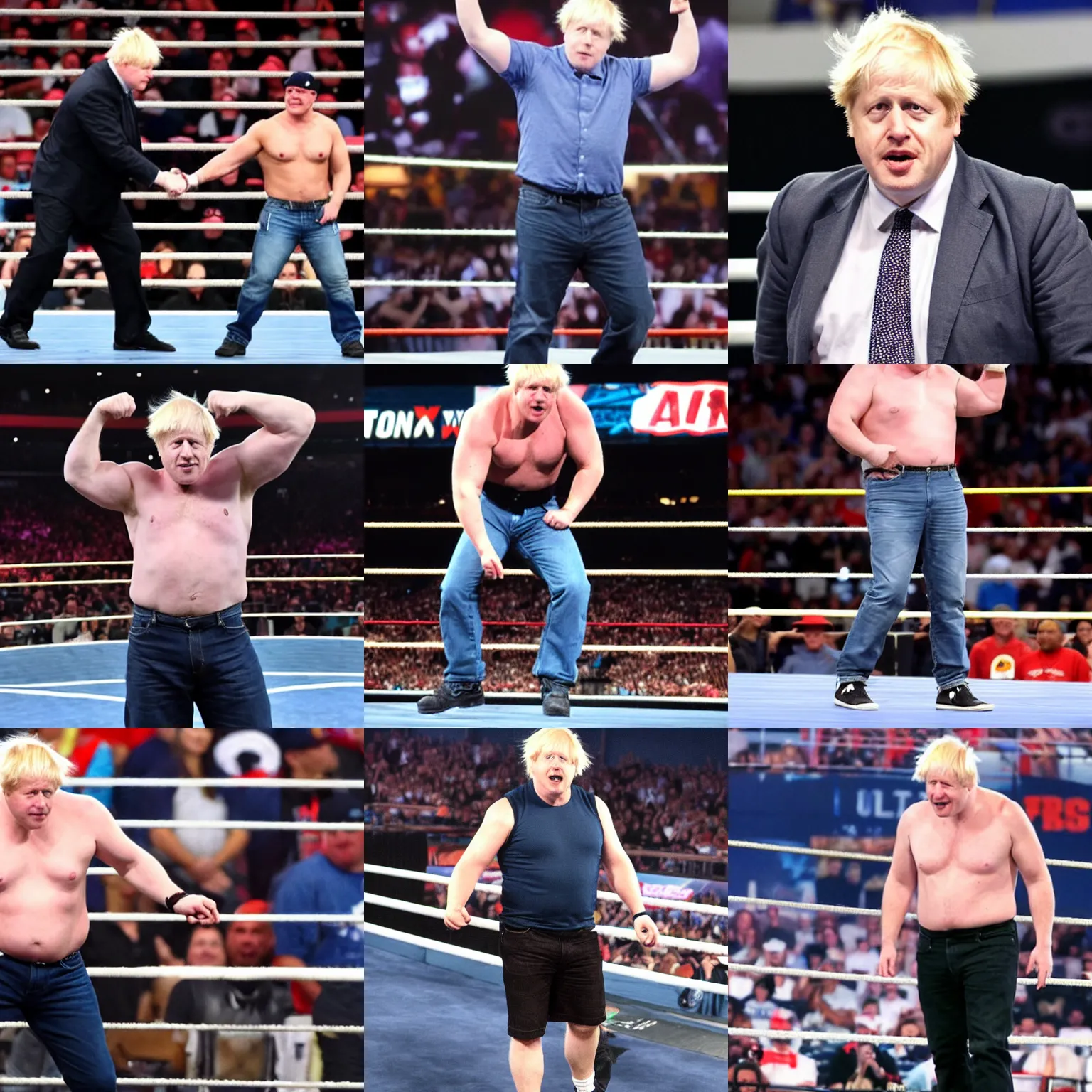 Prompt: boris johnson wearing a baseball cap hat and jeans in wwe as a muscular wrestler. he is holding one hand near his head