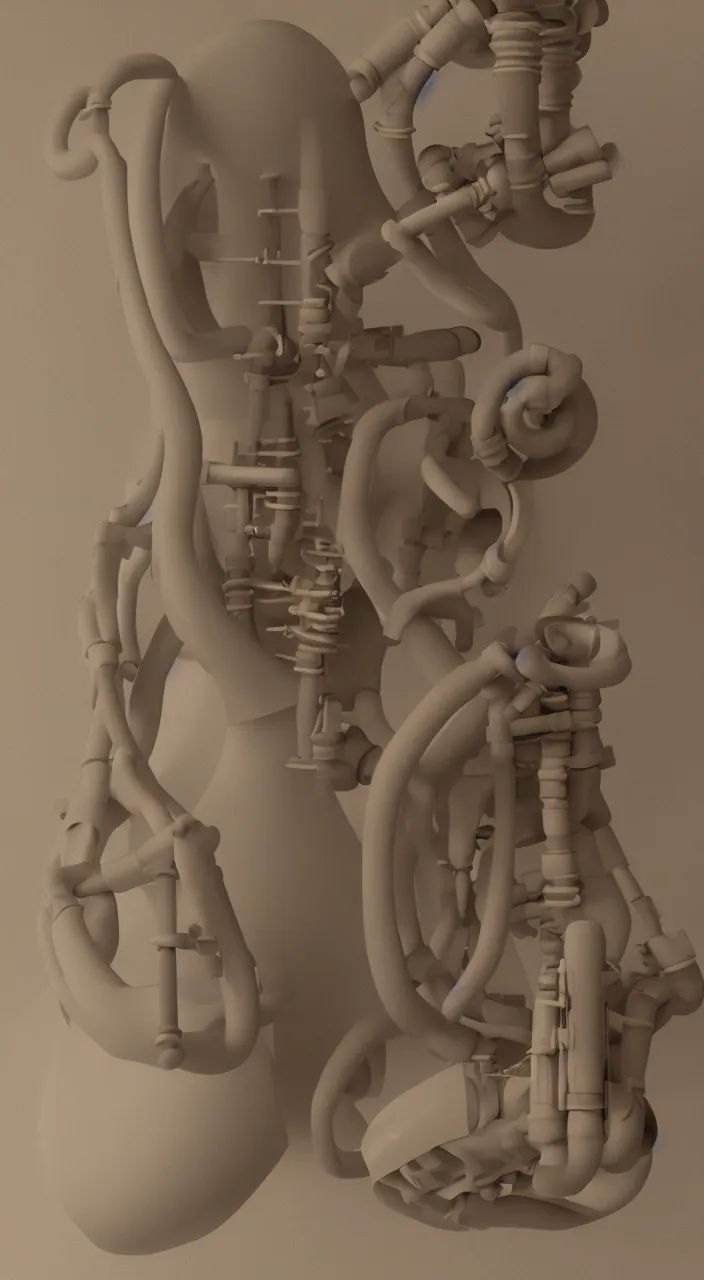 Prompt: a ceramic conn organ , dynamic lighting, amphora, larynx, oesophagus, vocal tract model, pipes, octane, 8k