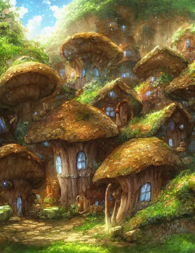 Prompt: anime scenery of a mushroom house, trending artwork, painted in anime painter studio, by anato finstark, tony sart, marc simonetti and an anime artist, collaboration