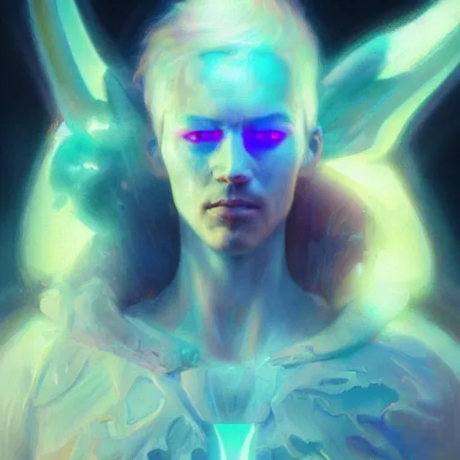 Image similar to shoulder level close up ethereal portrait of a beautiful force of the good light seraphim male futuristic angel, volume lighting, concept art, by greg rutkowski!!, colorful, xray melting colors!!