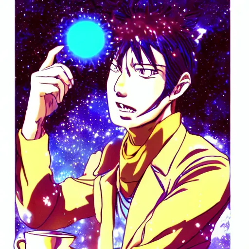 Prompt: A man drinking a cup of cosmic energy bright light by Hideaki Sorachi, 4k, digital art, surreal, anime style, cowboy Bepop, space dandy,