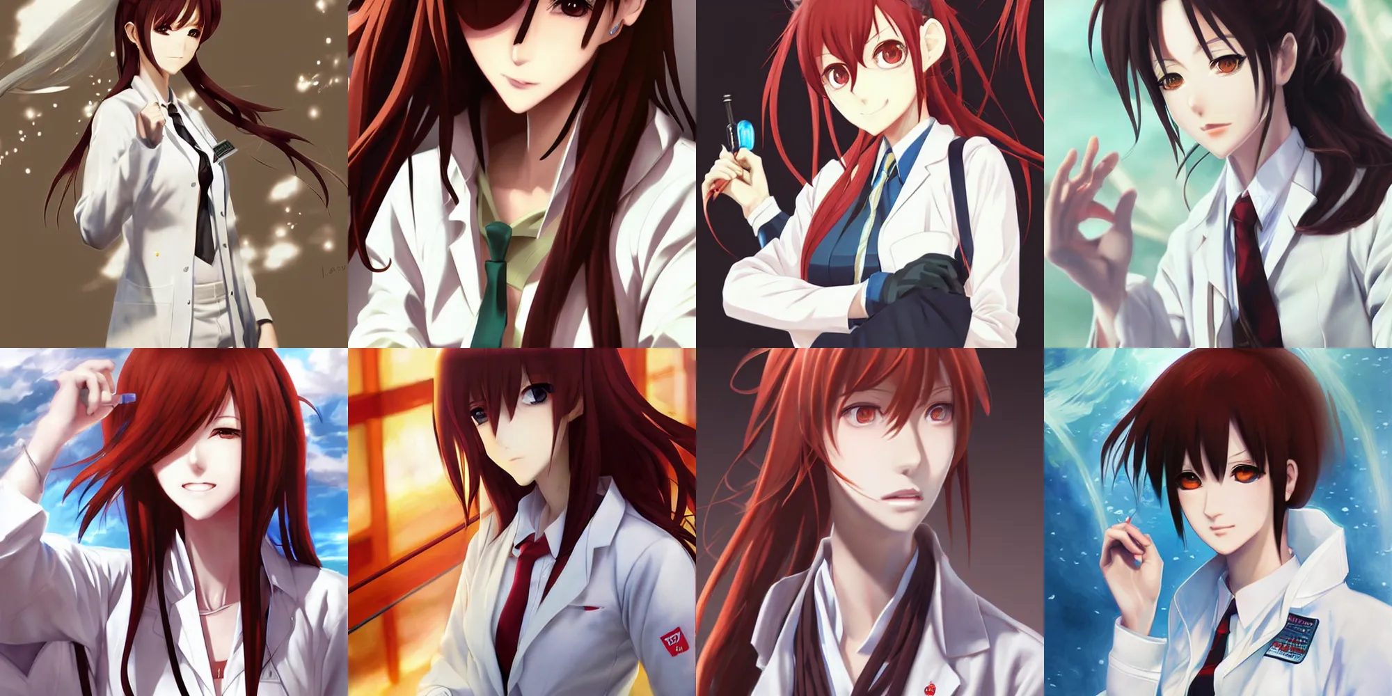 Prompt: detailed anime portrait art of kurisu makise wearing a lab coat, art by ross tran ilya kuvshinov krenz cushart, detailed, intricate