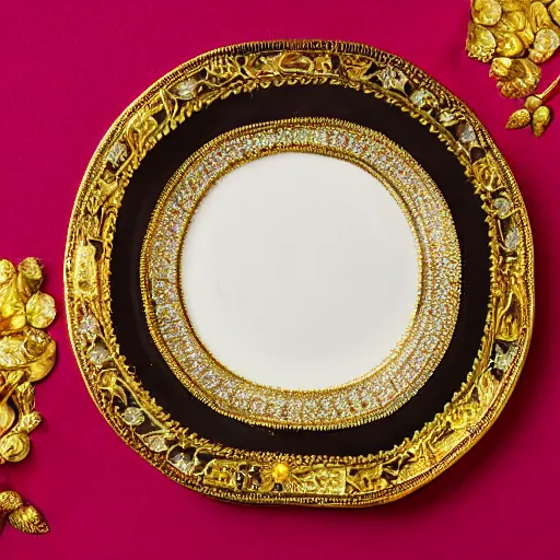 Prompt: a plate with diamonds and gold, photo studio