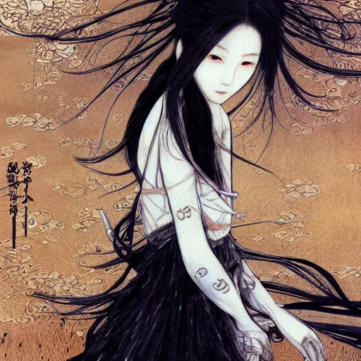 Image similar to yoshitaka amano blurred and dreamy realistic illustration of a young japanese woman with black eyes, wavy white hair fluttering in the wind wearing elden ring armor with engraving, abstract patterns in the background, satoshi kon anime, noisy film grain effect, highly detailed, renaissance oil painting, weird portrait angle, blurred lost edges, three quarter view