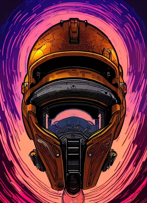 Image similar to a lion cyborg helmet by dan mumford, cyberpunk city abandoned, center frame singular high fantasy character concept art symmetrical features, digital painting, sharp focus, illustration