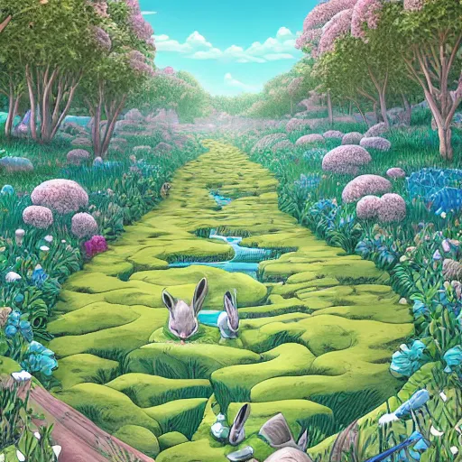 Prompt: rabbit burrow beside a flower lined river extremely detailed, sharp focus, wide view, full body shot, smooth, digital illustration, by james jean, by rossdraws, frank franzzeta, sakimichan rutkowski