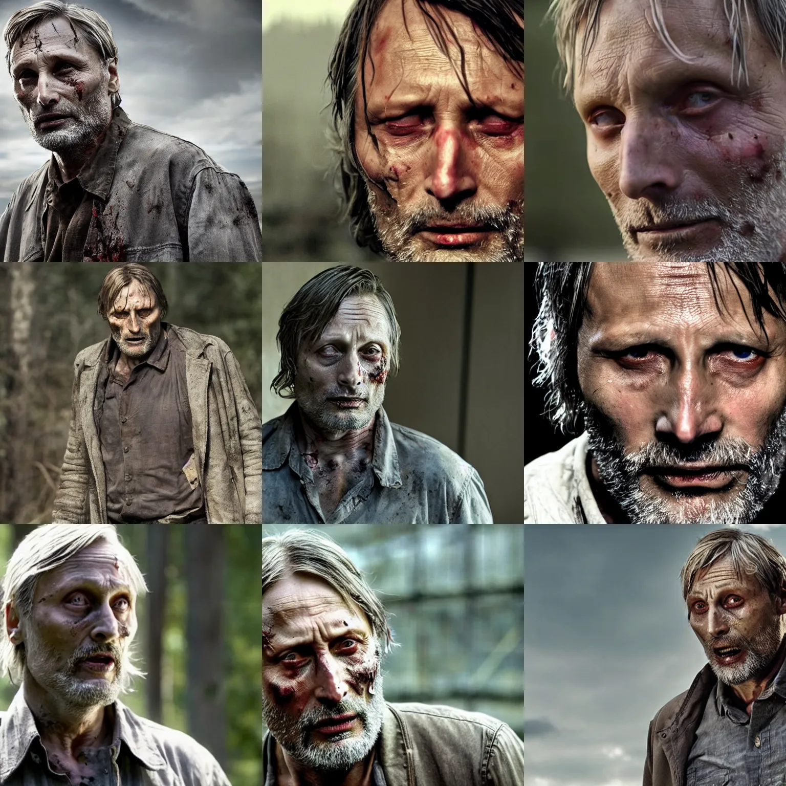 Prompt: old man mads mikkelson plays a zombie on the walking dead, cinematic lighting