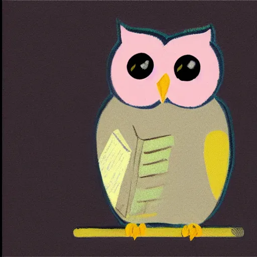 Prompt: a cute pastel owl holding a stack of books, realistic portrait