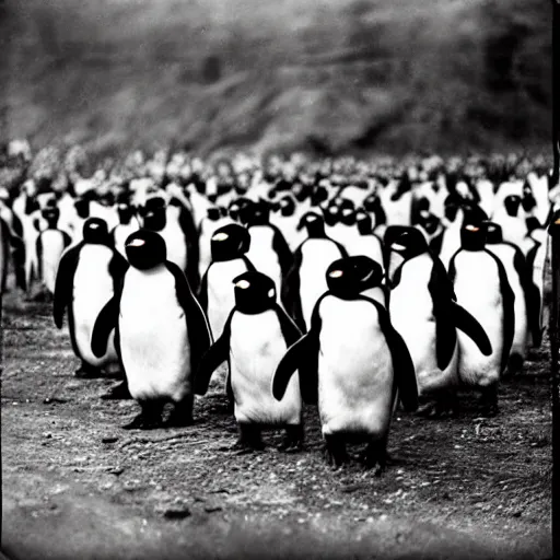 Image similar to “historical pictures of penguins marching along side of German soldiers, WW2”