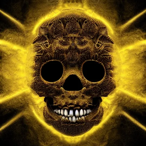 Prompt: fractal golden skull face, afro, third eye art art by machina infinitum, infinite intricacy, rendered in octane, mandelbulb 3 d, ambient occlusion, macro photography