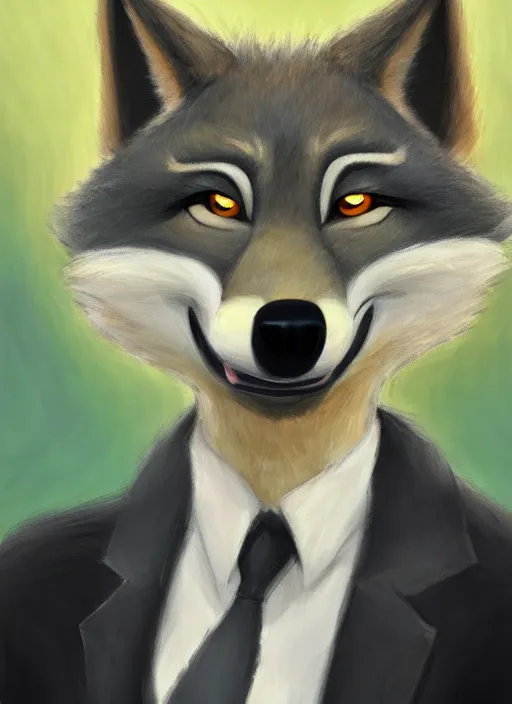 Image similar to oil painting of anthromorphic female wolf, in style of zootopia, female fursona, furry, furaffinity, 4 k, deviantart, furry art, fursona art, wearing black business suit, business suit, wolf fursona, female, very expressive detailed feminine face,