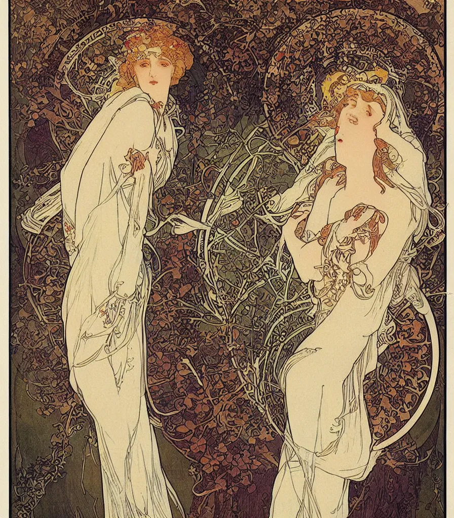 Image similar to an art noveau poster of a beautiful moon goddess by Mucha