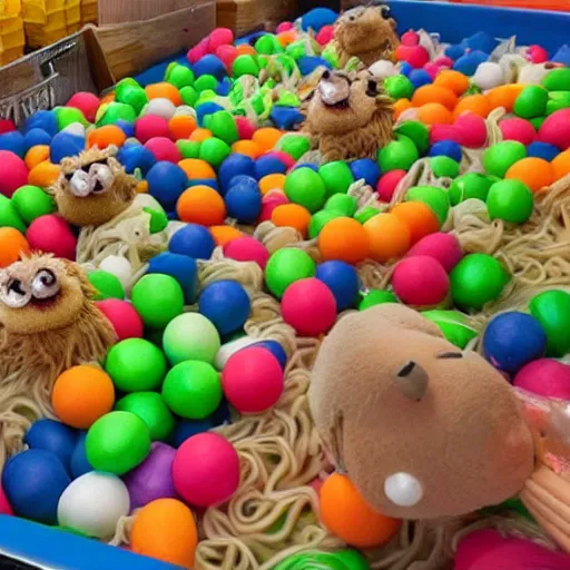 Prompt: a ball pit full of noodle soup and muppets