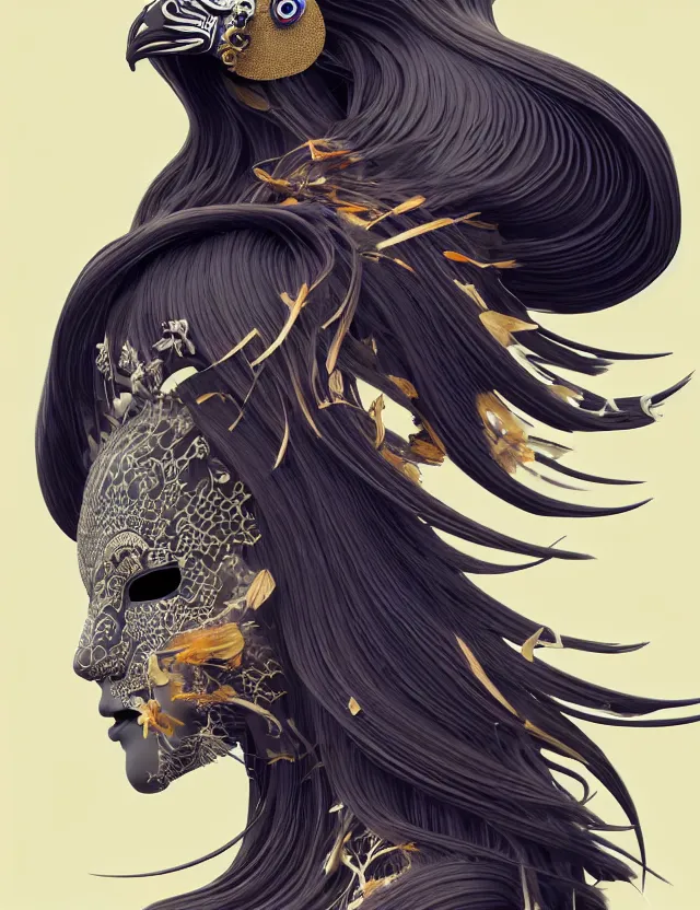 Image similar to 3 d goddess half - turn portrait with long hair with ram skull. beautiful intricately detailed japanese crow kitsune mask and clasical japanese kimono. betta fish, jellyfish phoenix, bio luminescent, plasma, ice, water, wind, creature, artwork by tooth wu and wlop and beeple and greg rutkowski