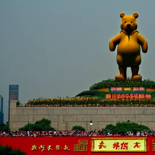 Image similar to grainy photo of winnie the pooh in tiananmen square, tanks