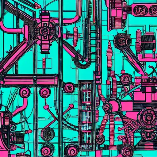 Image similar to complex and detailed industrial machine. Dark teal and magenta. Electrical and Mechanical Engineering