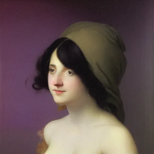 Image similar to a young woman’s face, her hair is deep purple, by ivan aivazovsky and pieter claesz and paul delaroche and alma tadema and august malmstrom and and willen claesz heda and aelbert cuyp and gerard ter borch, contrapposto, hyperrealistic, volumetric light, rendered in octane, c4d