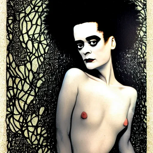 Image similar to a dramatic cinematic portrait photograph of bride of frankenstein influenced by gustav klimt.