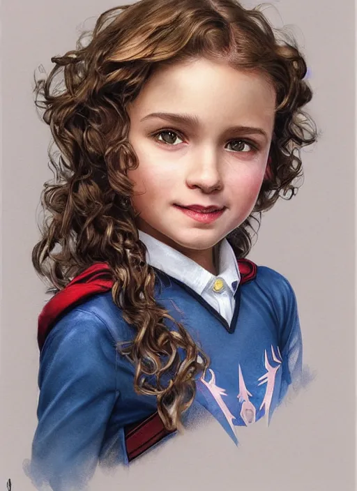 Image similar to a little girl with a mischievous face and light brown curly wavy hair. she is dressed as captain america, spiderman, batman, the flash, captain marvel, wonder woman, a superhero. clean elegant painting, beautiful detailed face. by artgerm and greg rutkowski and alphonse mucha