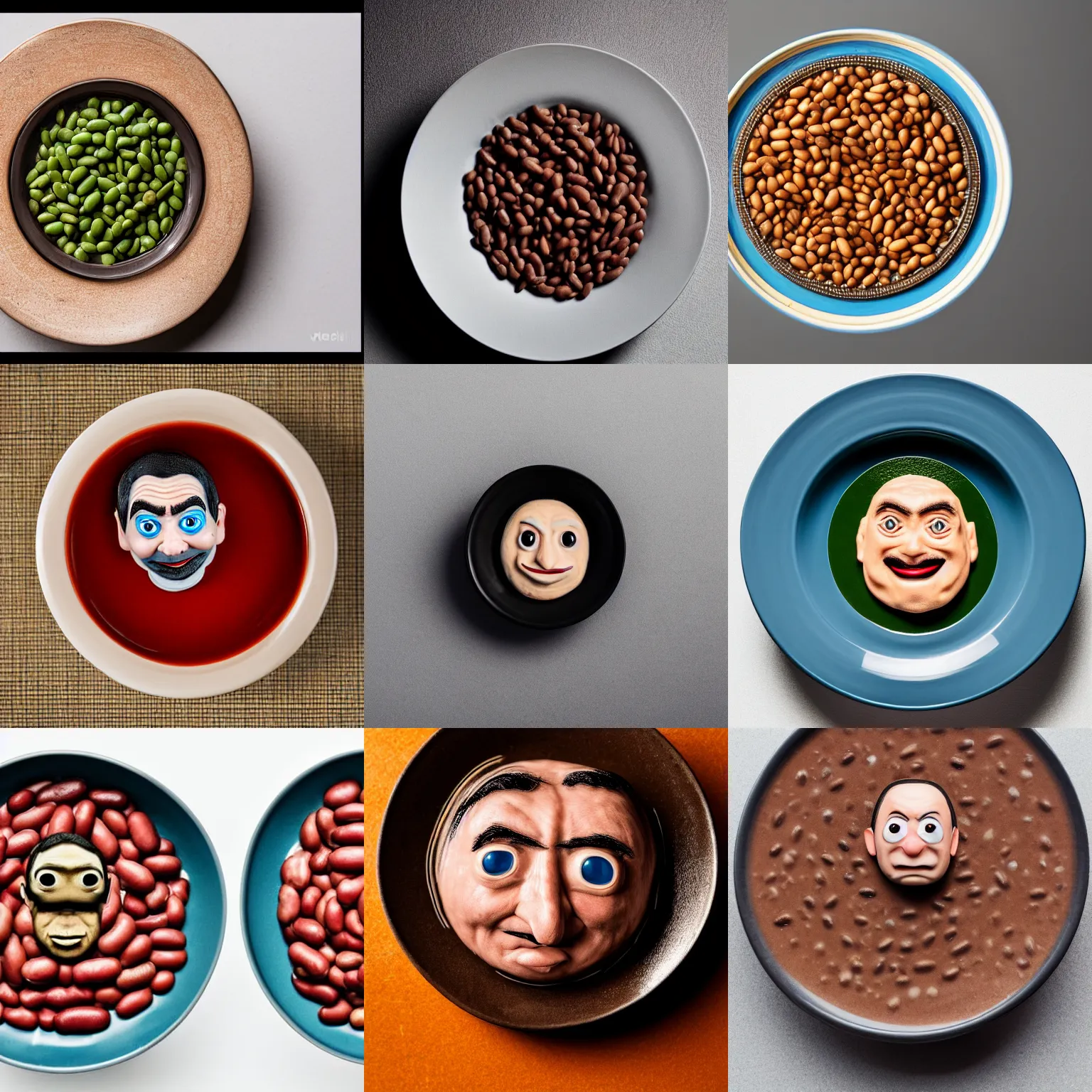 Prompt: a dish of beans that looks like the face of mr bean, top view, sigma 8 5 mm, studio lighting