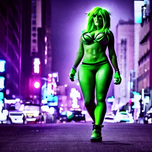 Prompt: Jessica Nigri as She Hulk on the street in New York City at night, Lights are on down the street, light fog in the backround, cinematic, realistic, detailed, portrait, green skin