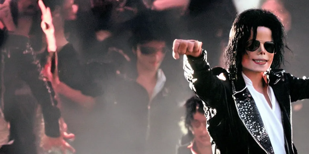 Image similar to michael jackson 2 0 0 9 wearing shades, this is it, photo real, motion blur, solo dancing on stage, by himself, real life, spotted, ultra realistic face, accurate, 4 k, movie still, uhd, sharp, detailed, cinematic, render, modern