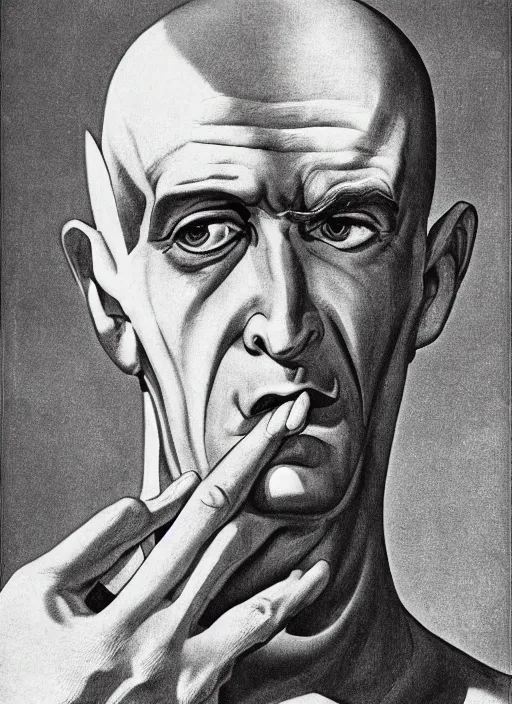 Image similar to portrait of glamorous bald medieval man with big nose and annoyed gesture,look of hate, threatening pose, 1940s propaganda poster, full hd,highly detailed