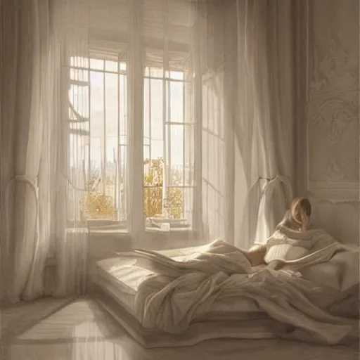 Image similar to cream - colored room, vanilla - colored lighting, marble room, marble slabs, window to night time, night time, warm lighting inside, art by artgerm