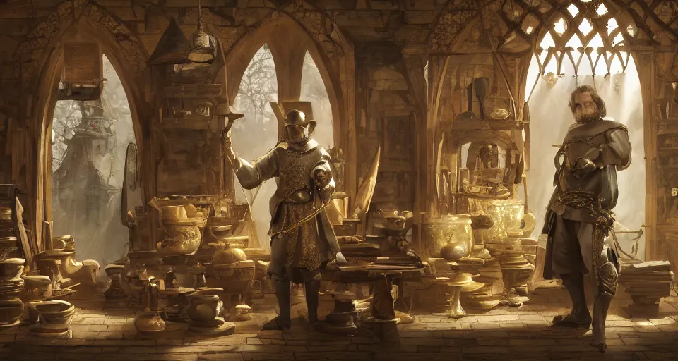 Image similar to dennis hopper as a medieval nobleman, standing on the side of a big medieval shop with boards full of pottery, books, flasks, glas, trinkets, and other stuff, dust suspended in a sunbeam from a tall medieval window, trending on artstation, artwork in style of peter mohrbacher, unreal engine, octane render, intricate details, 8k high definition, beauriful, ornate, hyperrealistic