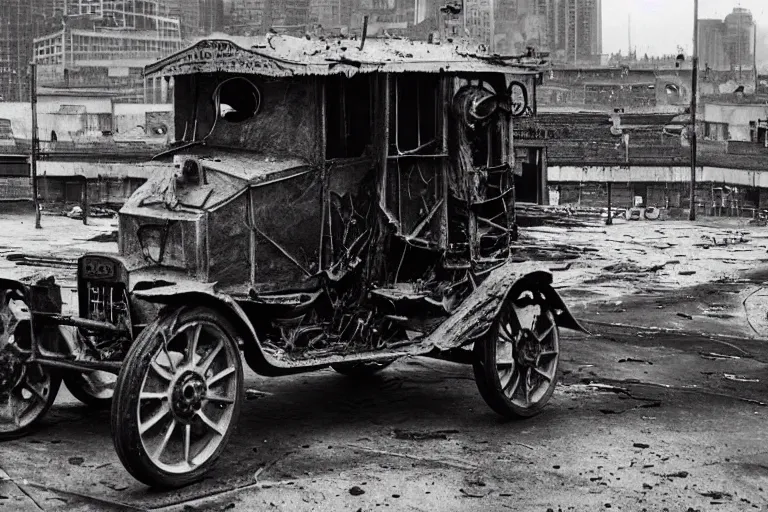 Image similar to cyberpunk 1 9 0 8 model ford t by paul lehr, jesper ejsing, metropolis, parked by view over city, vintage film photo, robotic, damaged photo, scratched photo, silent movie, black and white photo