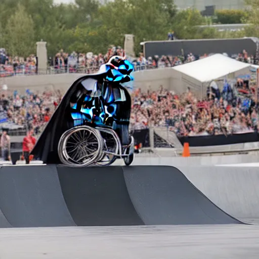 Prompt: darth vader in a wheelchair on a half pipe ramp at x - games action photo magazine