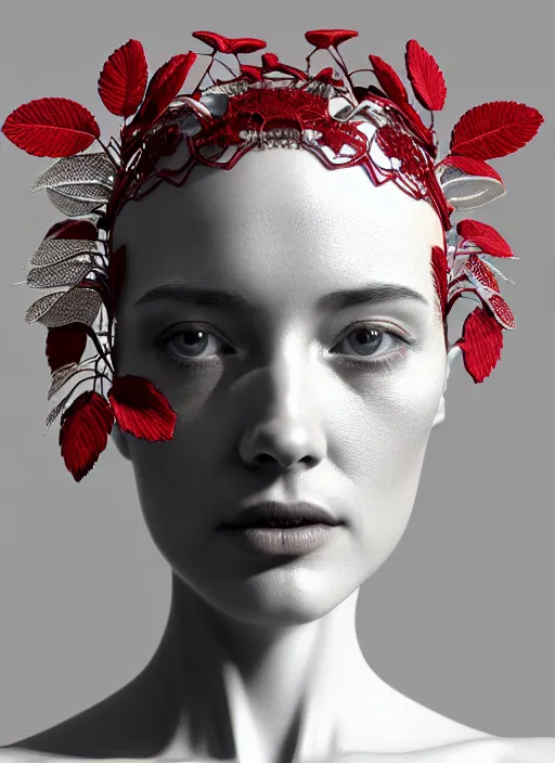 Image similar to complex 3d render ultra detailed of a beautiful porcelain profile young woman face, mechanical cyborg, 200 mm lens cinematic lights, beautiful studio soft light, rim light, silver gold red details, magnolia big leaves and stems, roots, fine foliage lace, mesh wire, Alexander Mcqueen high fashion haute couture, luxurious, art nouveau fashion embroidered, intricate details, hyper realistic, ultra detailed, mandelbrot fractal, anatomical, facial muscles, cable wires, microchip, elegant, octane render, H.R. Giger style, 8k post-production