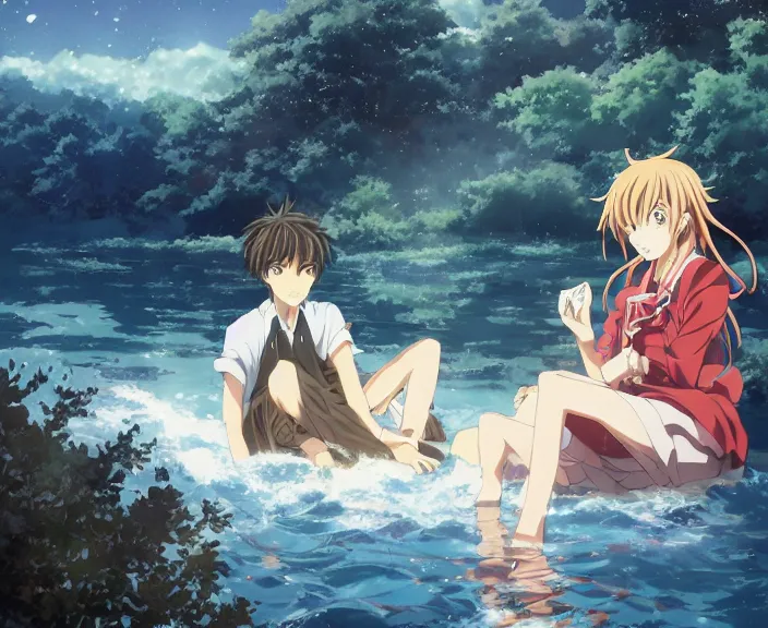 Image similar to anime key visual of a young man anime and young woman anime sitting together on one single boat. Romantic. Girl has auburn hair. Boy has short black hair. Narrow river in a forest, rocky shore, trees, shady, blue waters, ripples, waves, reflections, details, sharp focus, illustration, by Jordan Grimmer and greg rutkowski, Trending artstation, pixiv, digital art