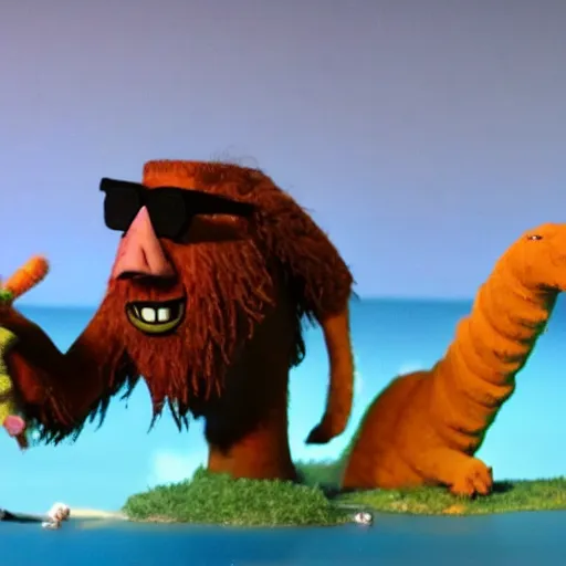 Image similar to still from the stop - motion short film the nerdventures of geoffrey and bobbamus, film by derek blankenship on youtube, yeti and loch ness monster, movie photo