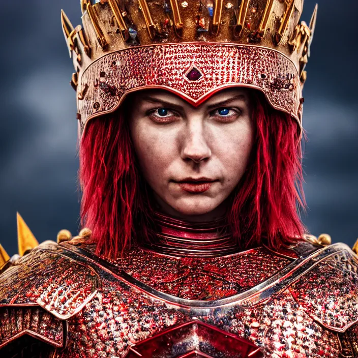 Image similar to photo of a beautiful strong warrior queen wearing ruby encrusted armour, highly detailed, 4 k, hdr, smooth, sharp focus, high resolution, award - winning photo