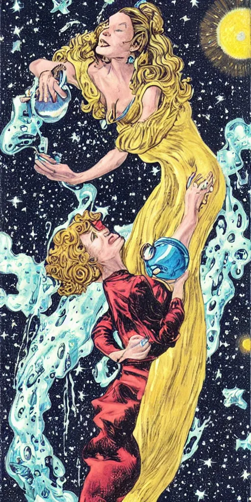 Image similar to a woman in a dress made of outer space pouring water from a vase into the milky way, by joe madura, by art adams.