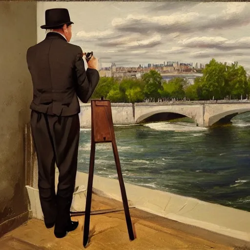 Image similar to mcgregor is dressed as a gentleman at early 2 0 th century paris. he is watching an easel. that easel has a canvas on it. ewan mcgregor has a brush on his hand. he is painting a painting. there is a small brown cat with yellow eyes on ewan mcgregors feet. on background has river seine, morning sun, dark clouds, lightning, dc comics