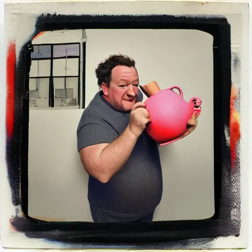 Image similar to johnny vegas making a very large clay teapot, polaroid, art school, studio, photorealistic